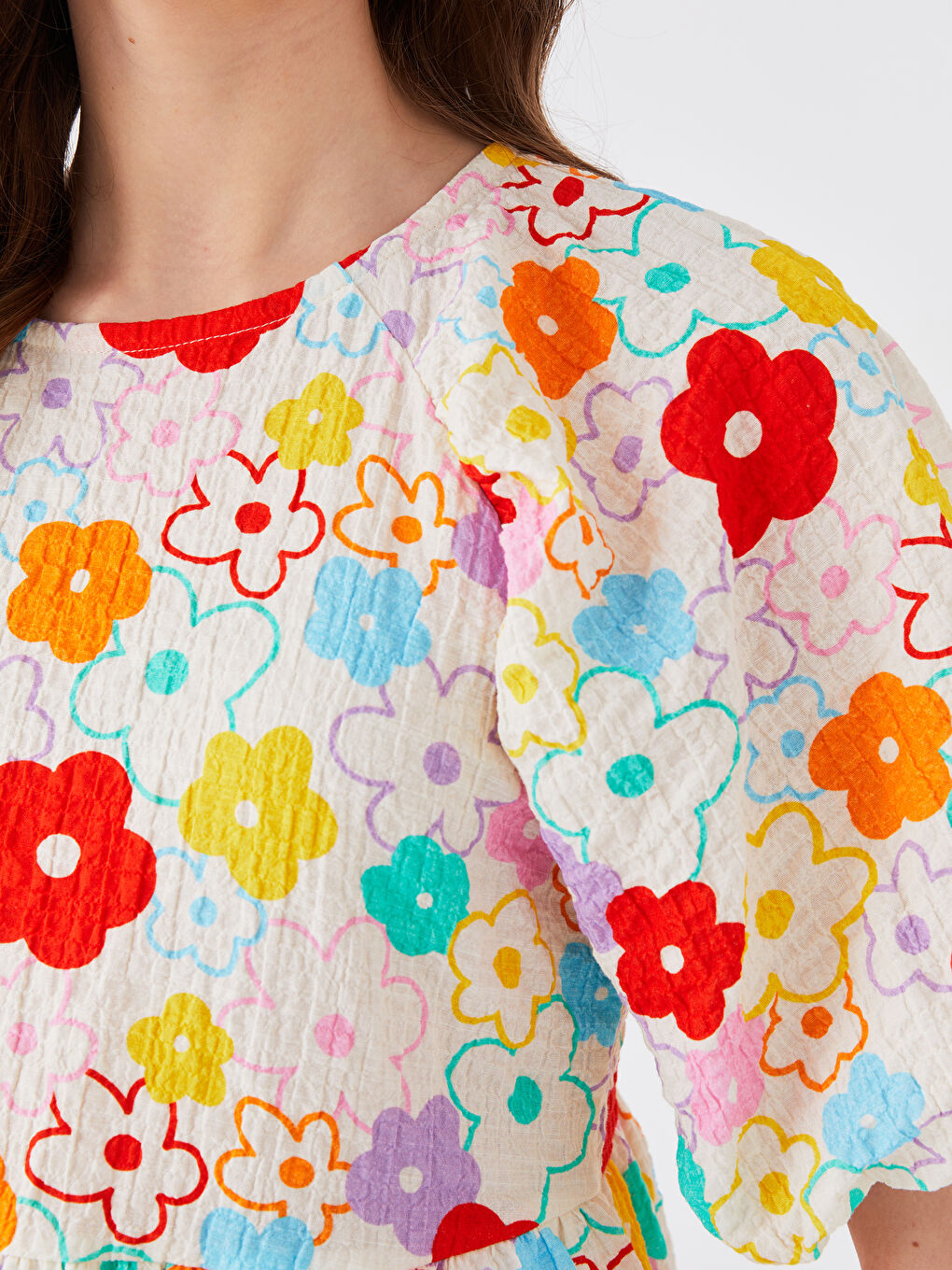 Karışık Bisiklet Yaka Çiçekli Balon Kollu Kadın Elbise Anne Kız Kombini-5