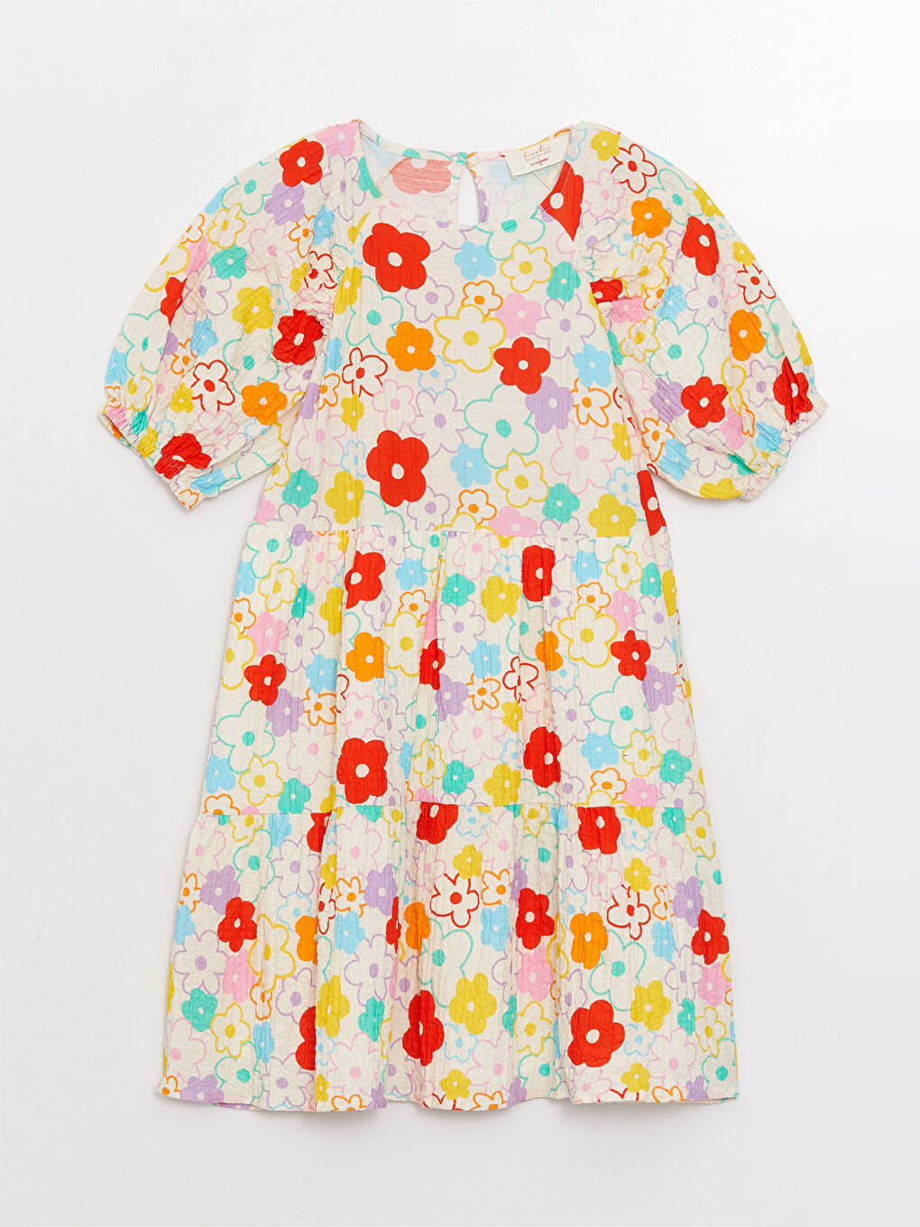 Karışık Bisiklet Yaka Çiçekli Balon Kollu Kadın Elbise Anne Kız Kombini-6