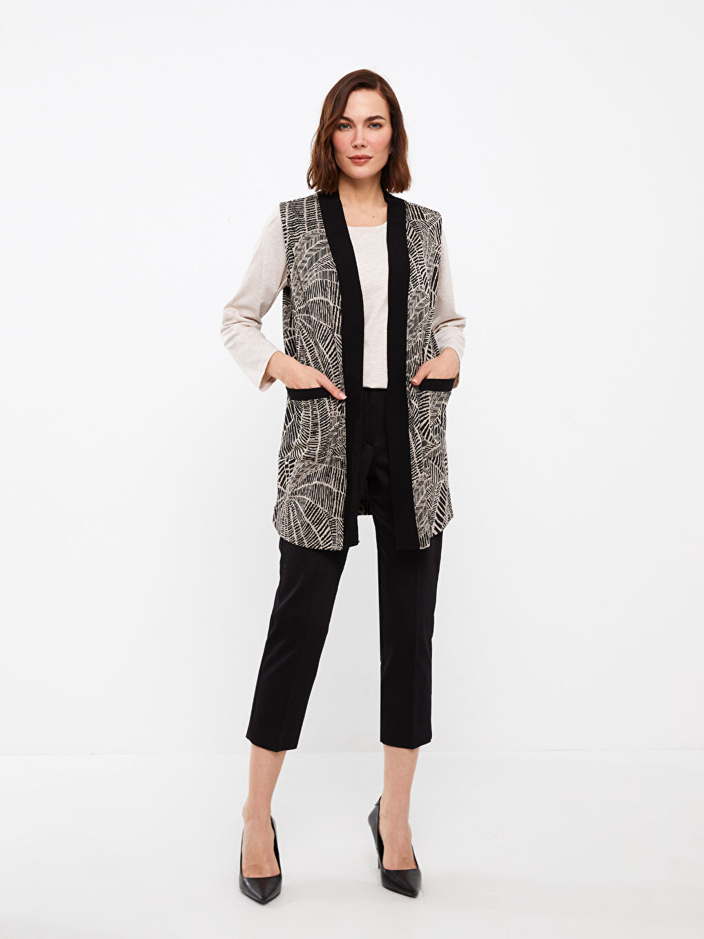 Shawl Collar Patterned Women's Vest-2