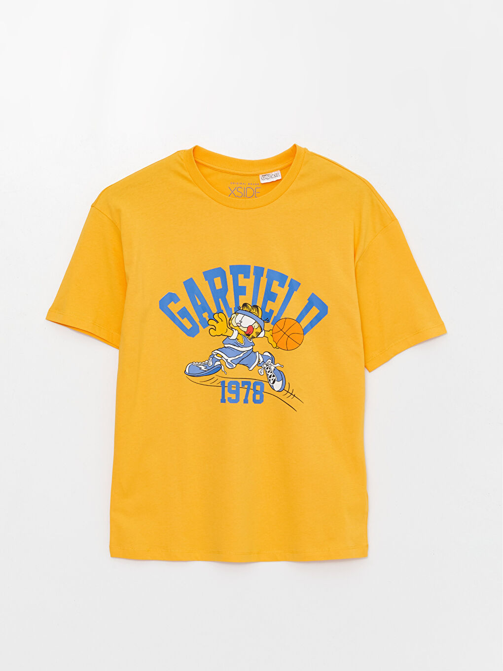 Turuncu Bisiklet Yaka Kısa Kollu Garfield Baskılı Penye Erkek Tişört-5