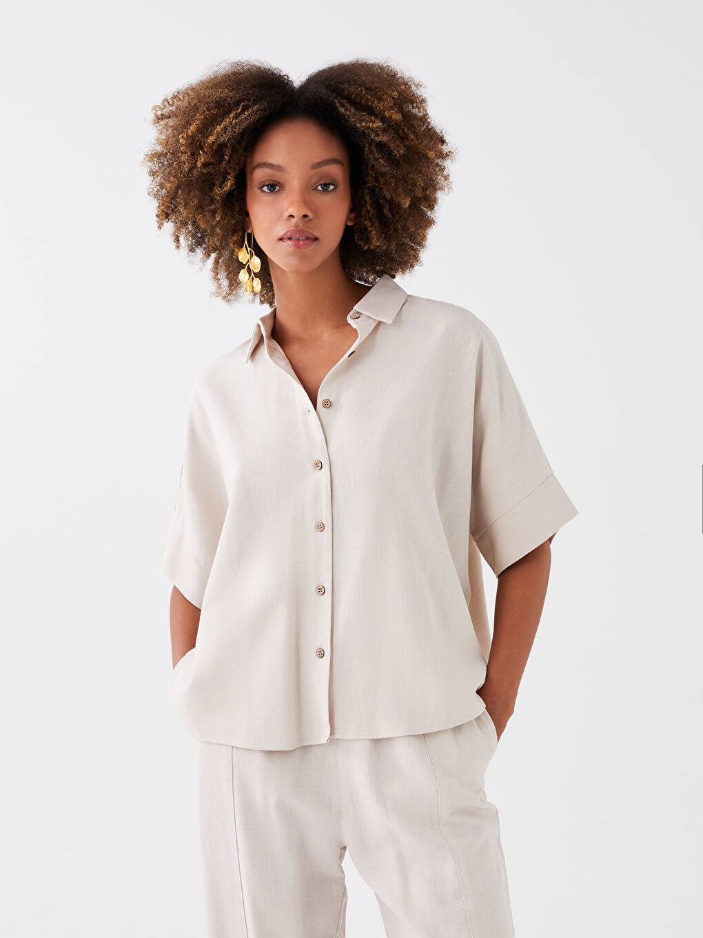 Plain Short Sleeve Oversize Linen Blend Women's Shirt