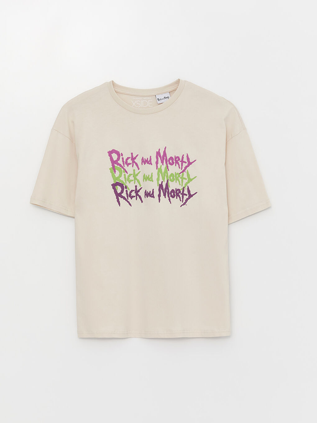 Bej Bisiklet Yaka Kısa Kollu Rick and Morty Baskılı Penye Erkek Tişört-5