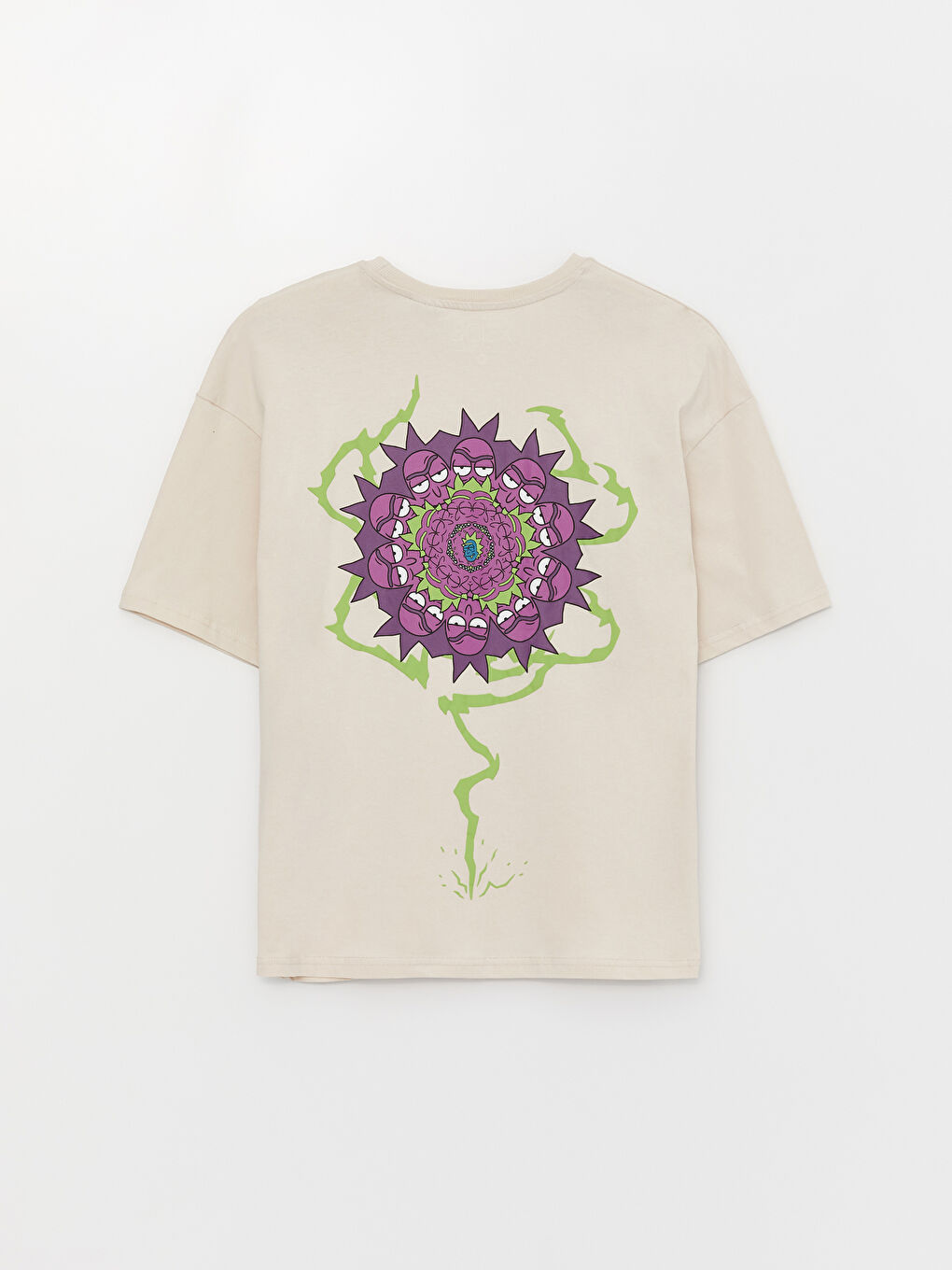 Bej Bisiklet Yaka Kısa Kollu Rick and Morty Baskılı Penye Erkek Tişört-6