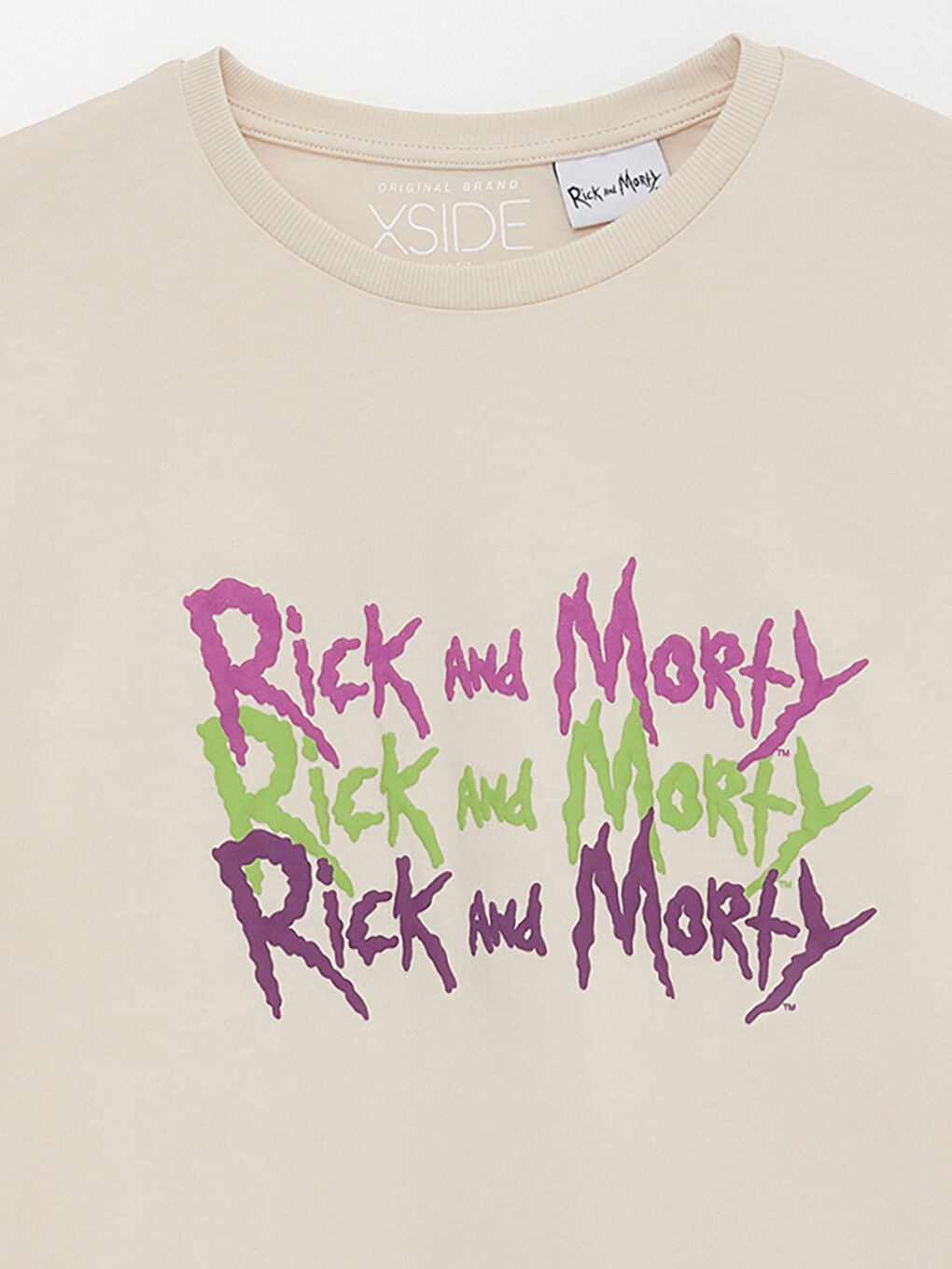 Bej Bisiklet Yaka Kısa Kollu Rick and Morty Baskılı Penye Erkek Tişört-7