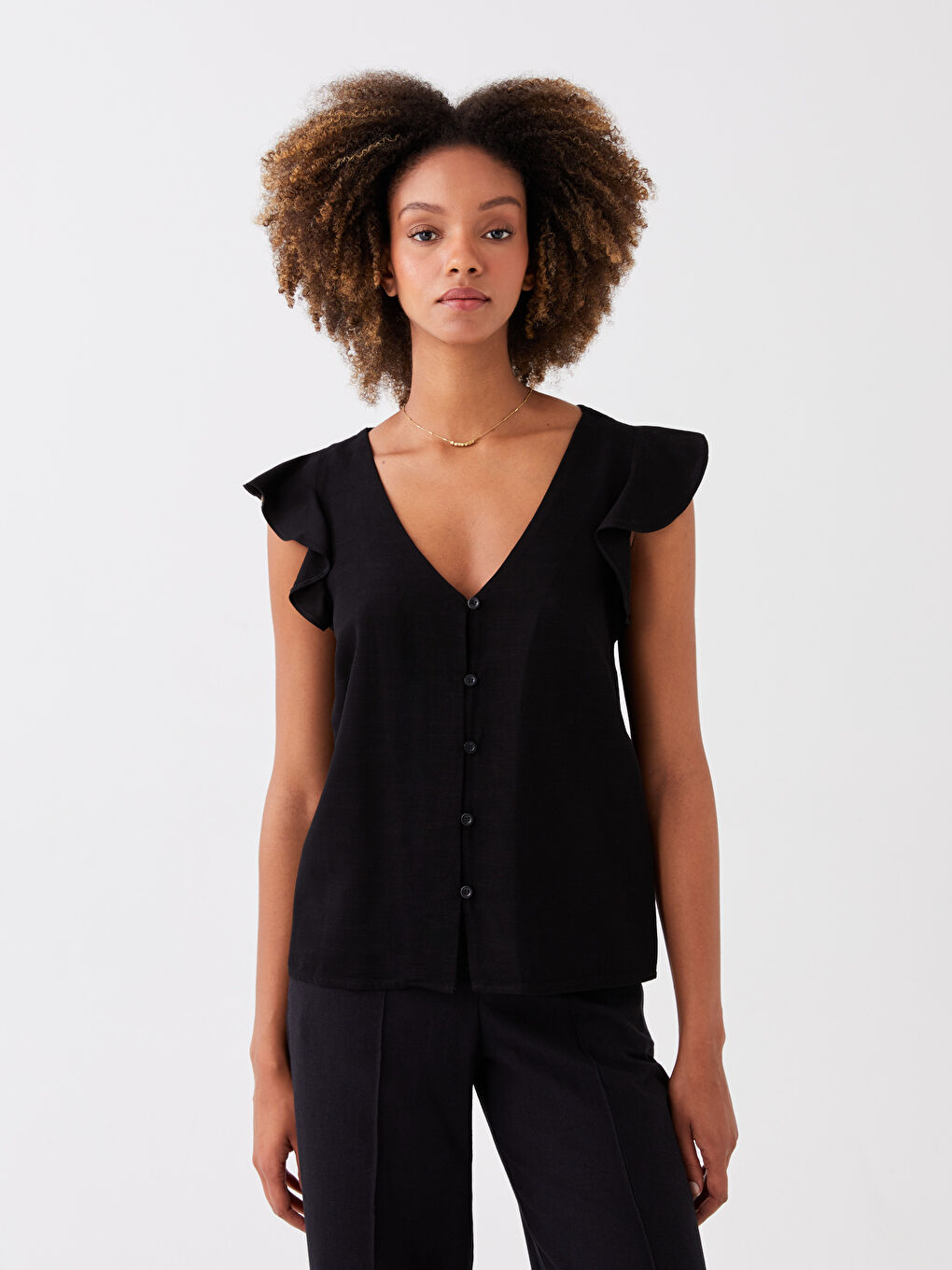 V-Neck Linen Blend Women's Blouse