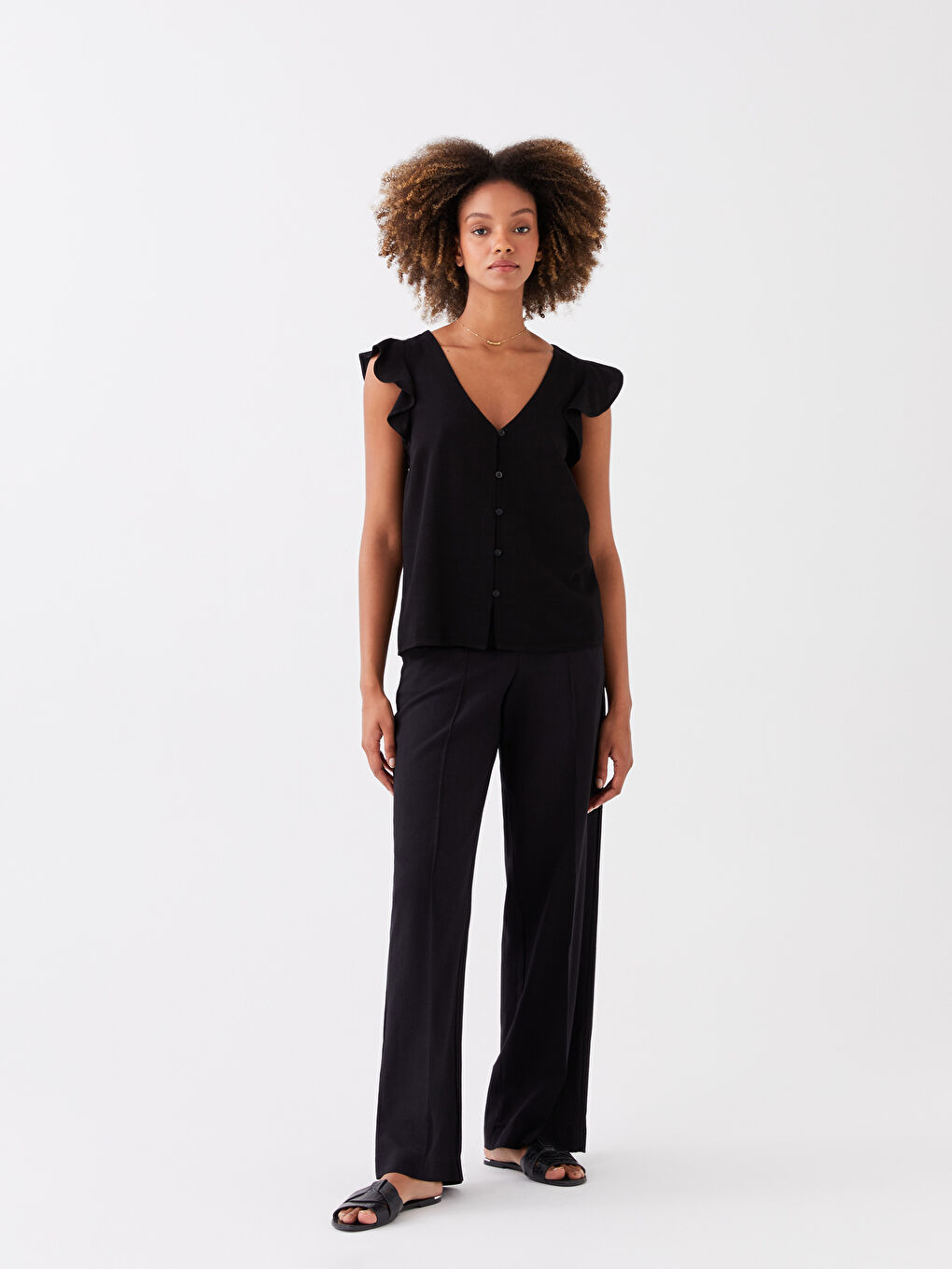 V-Neck Linen Blend Women's Blouse-1