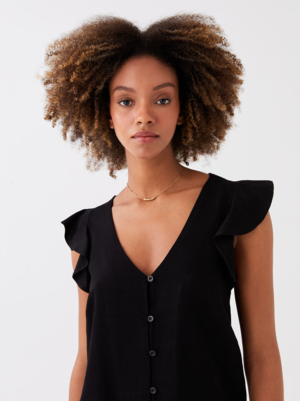 V-Neck Linen Blend Women's Blouse-2