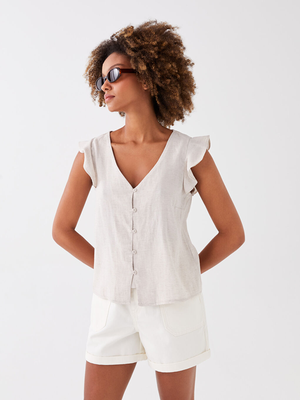 V-Neck Linen Blend Women's Blouse-1