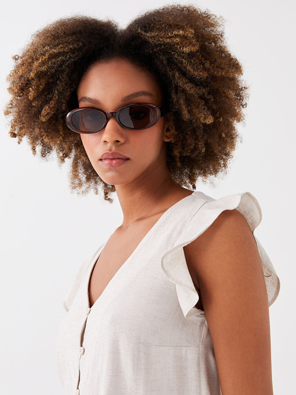 V-Neck Linen Blend Women's Blouse-2