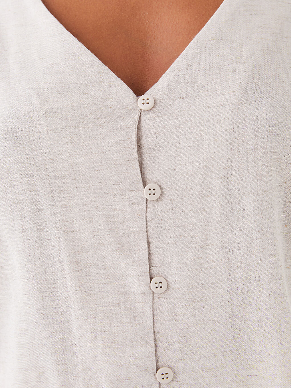 V-Neck Linen Blend Women's Blouse-3