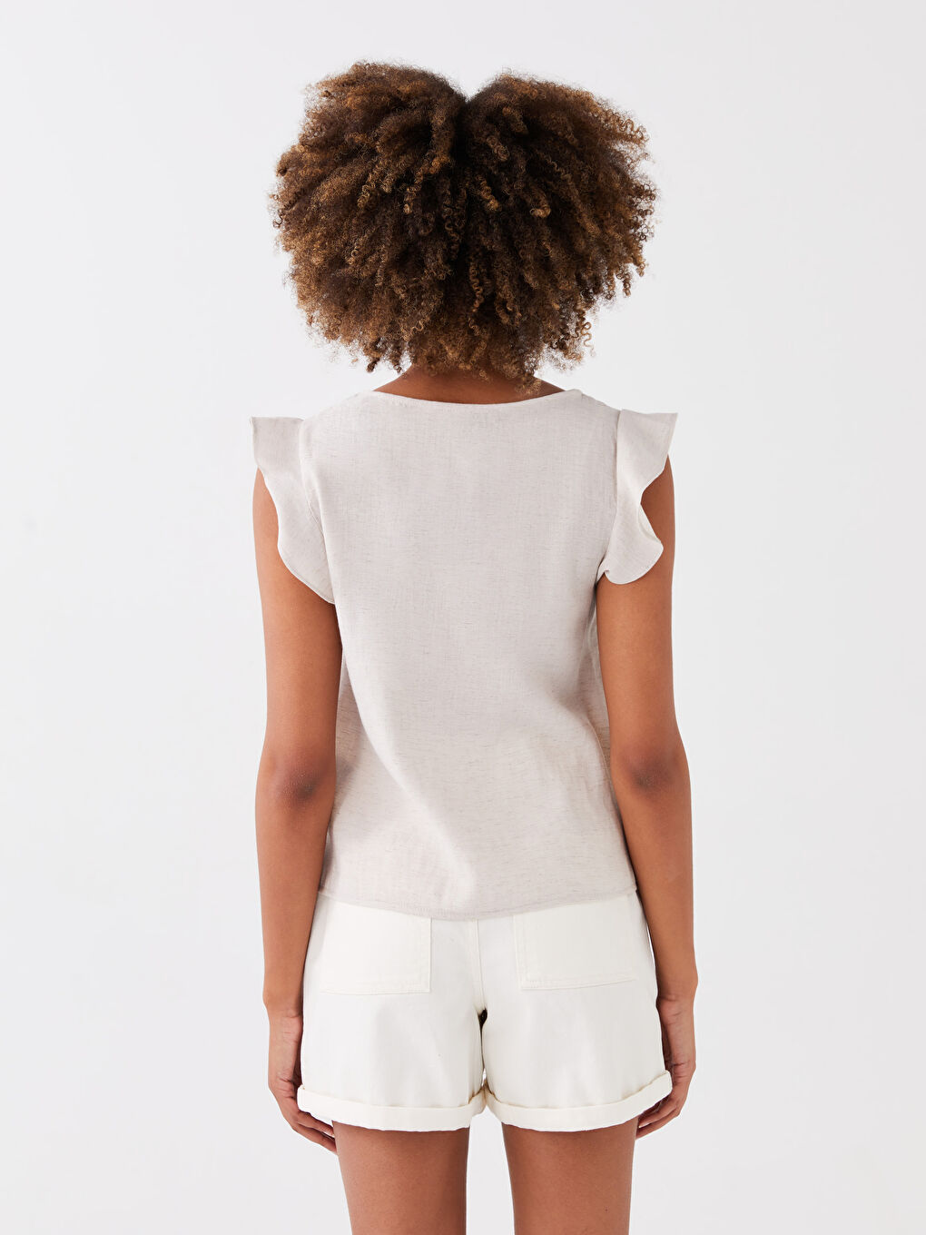 V-Neck Linen Blend Women's Blouse-4