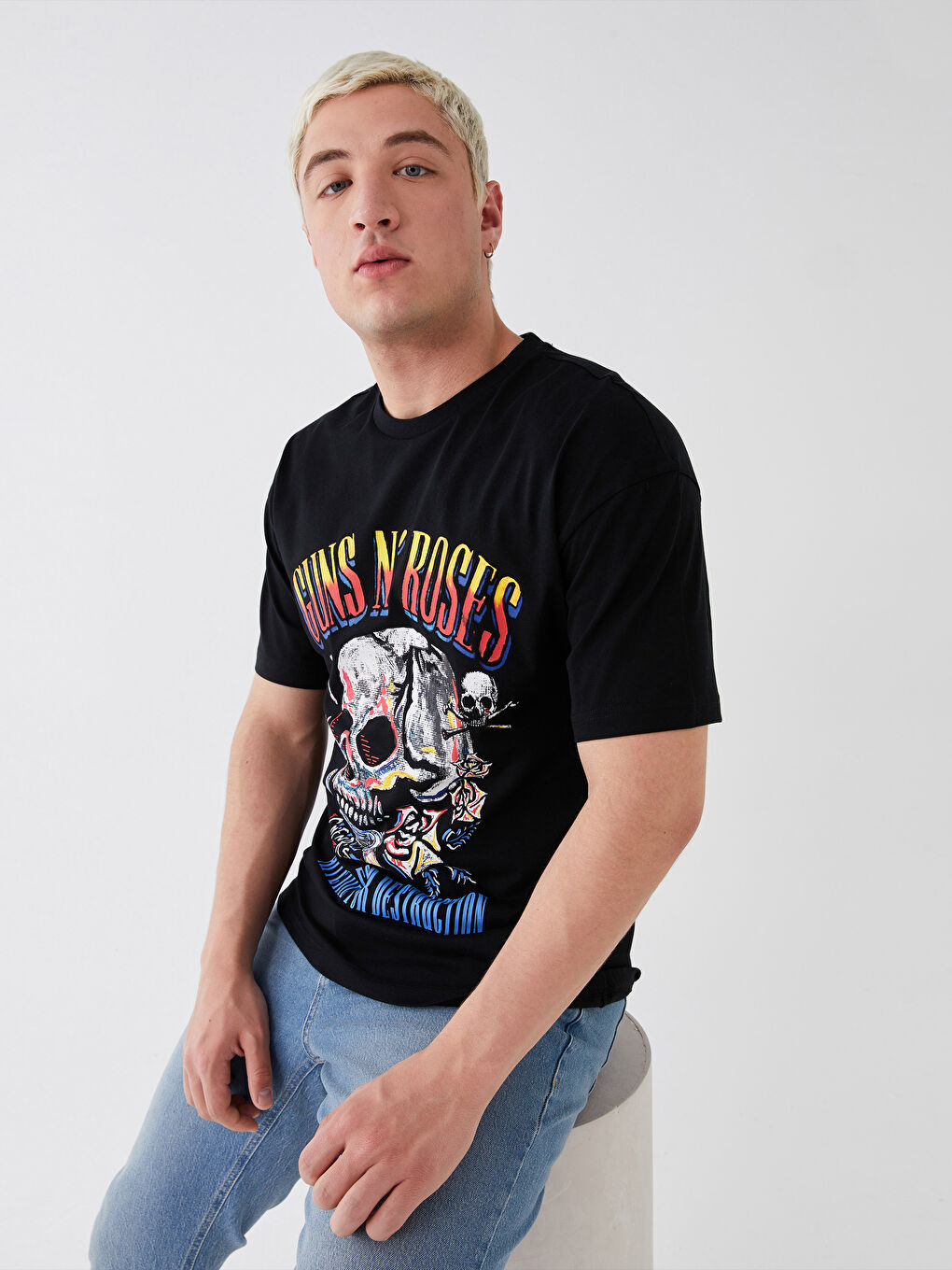 Siyah Bisiklet Yaka Kısa Kollu Guns N'Roses Baskılı Penye Erkek Tişört