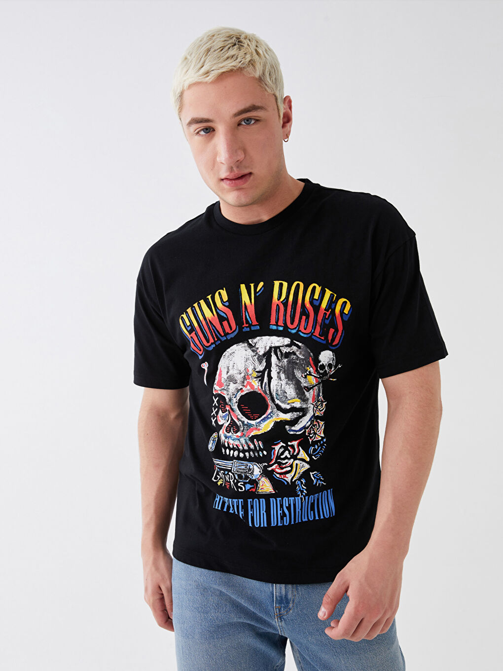 Siyah Bisiklet Yaka Kısa Kollu Guns N'Roses Baskılı Penye Erkek Tişört-1