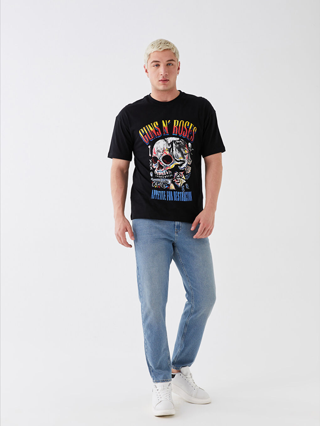 Siyah Bisiklet Yaka Kısa Kollu Guns N'Roses Baskılı Penye Erkek Tişört-2