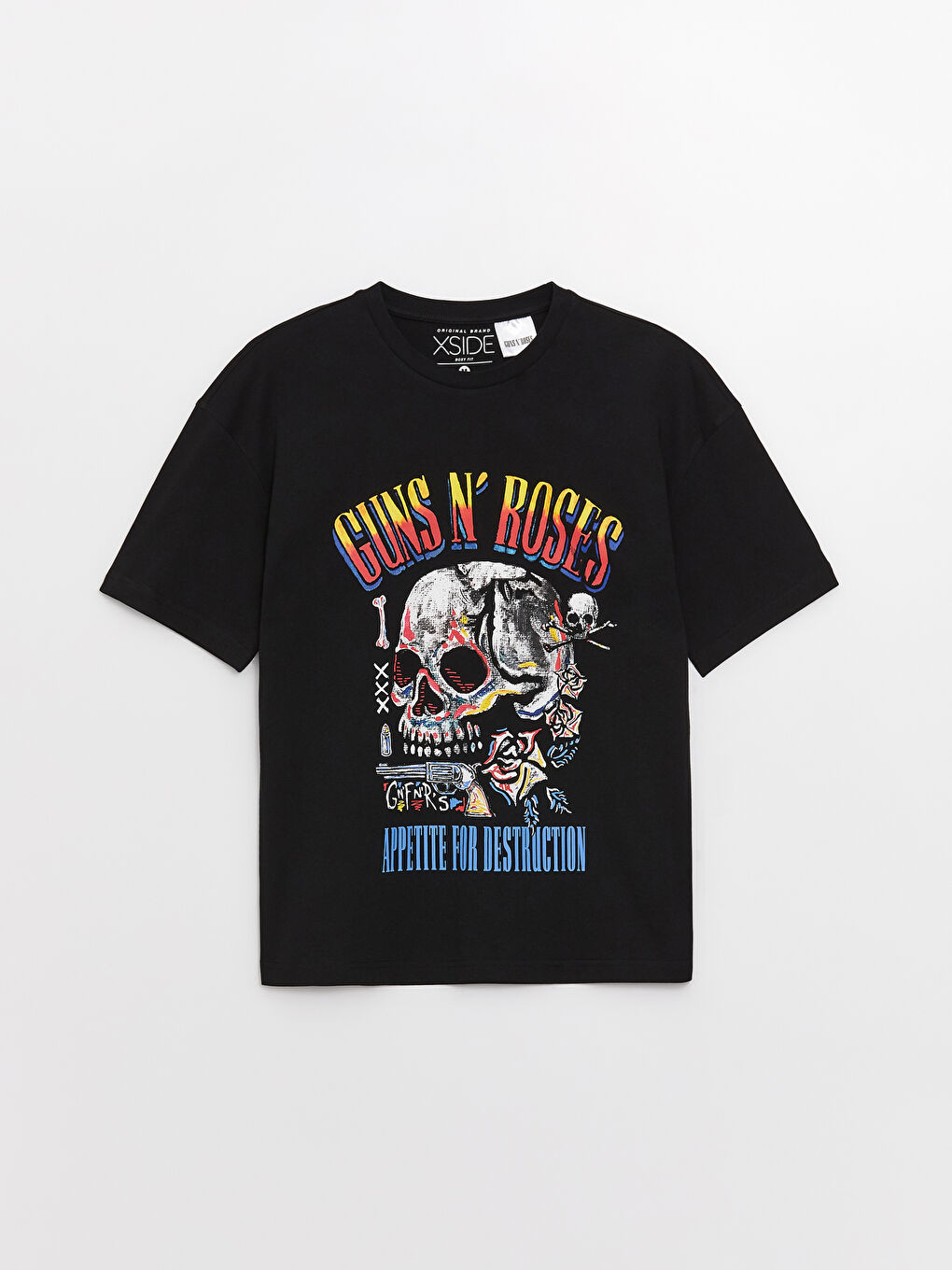 Siyah Bisiklet Yaka Kısa Kollu Guns N'Roses Baskılı Penye Erkek Tişört-5