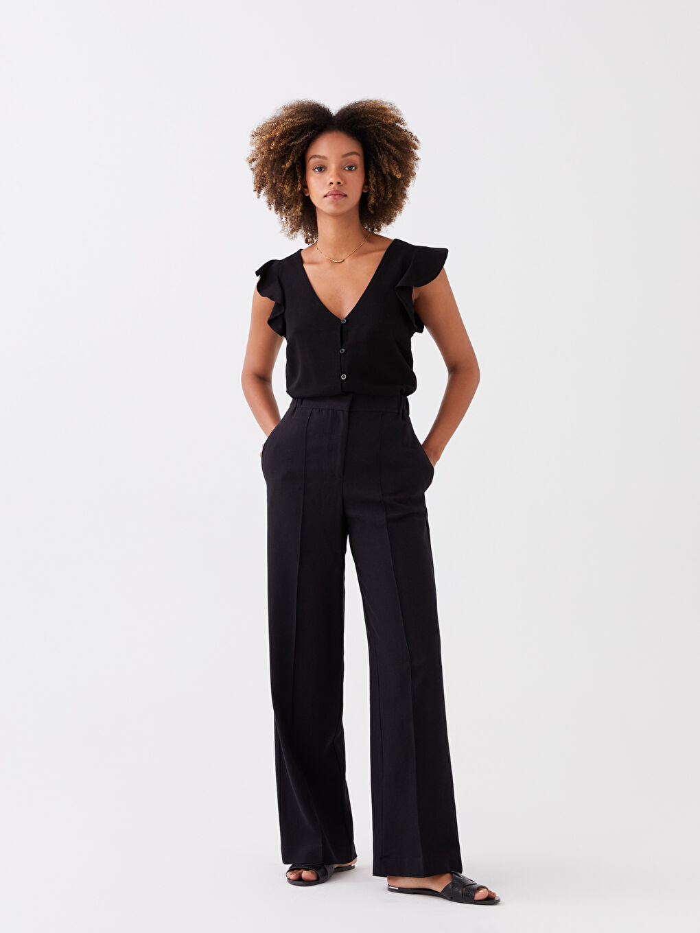 Siyah Standart Fit Düz Keten Karışımlı Kadın Pantolon