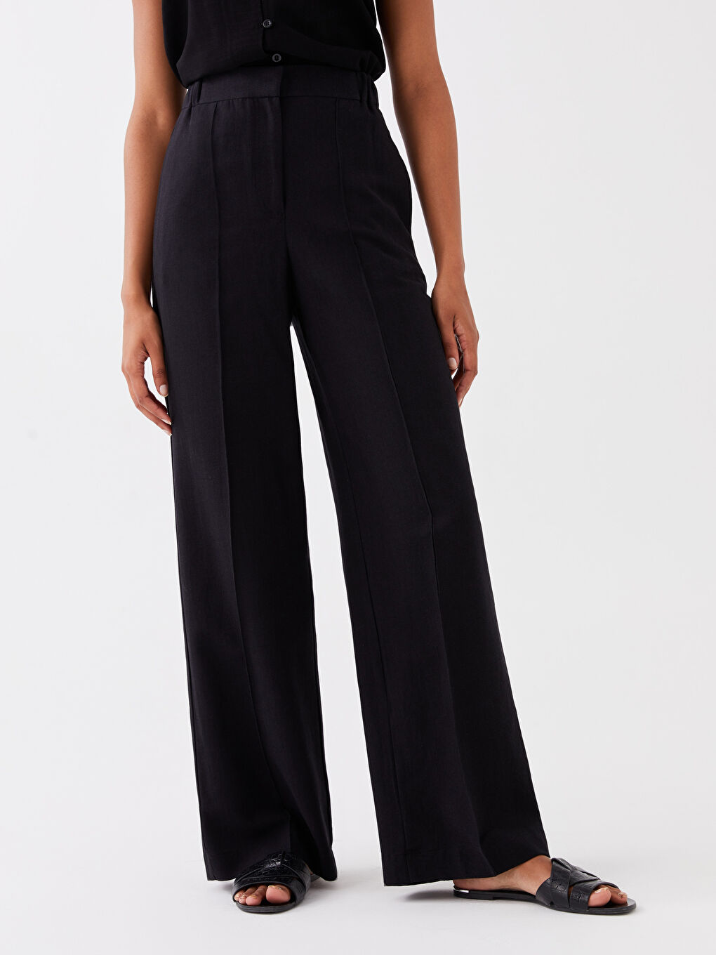 Siyah Standart Fit Düz Keten Karışımlı Kadın Pantolon-2