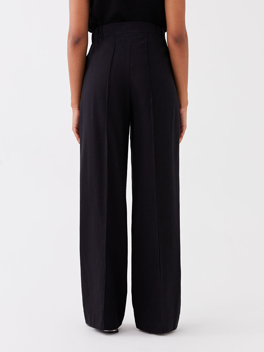 Siyah Standart Fit Düz Keten Karışımlı Kadın Pantolon-3