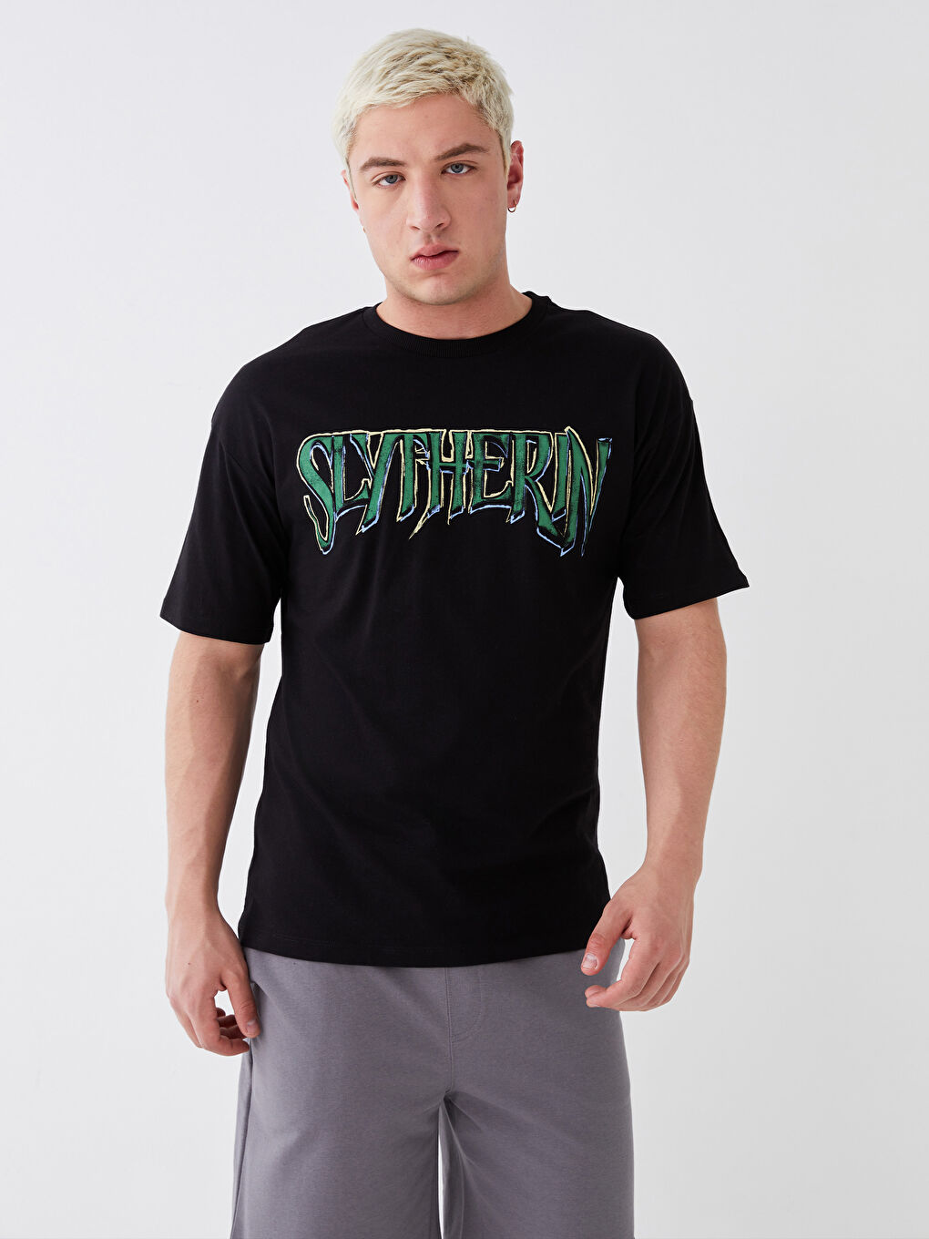 Siyah Bisiklet Yaka Kısa Kollu Harry Potter Baskılı Penye Erkek Tişört-1