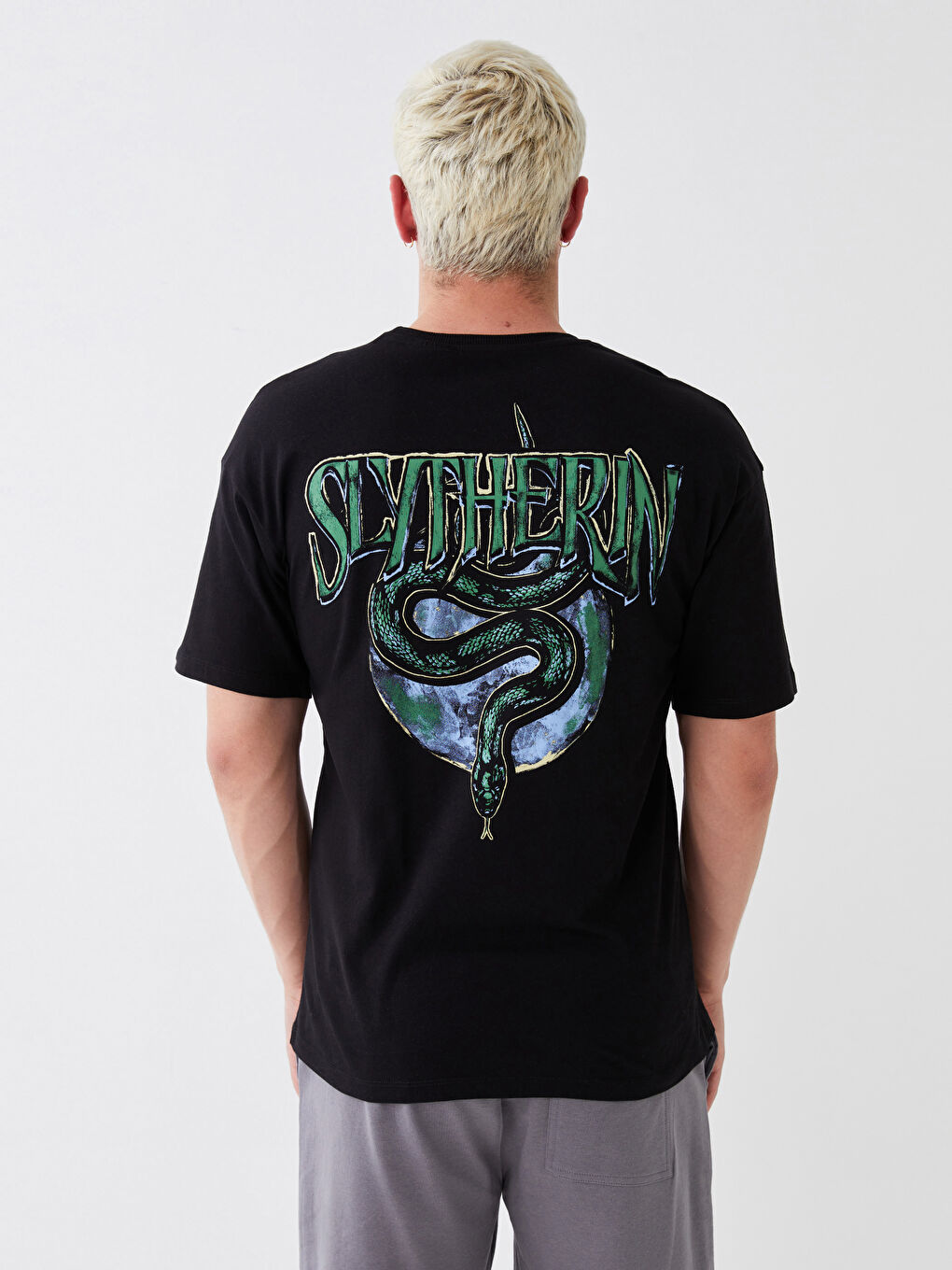 Siyah Bisiklet Yaka Kısa Kollu Harry Potter Baskılı Penye Erkek Tişört-4