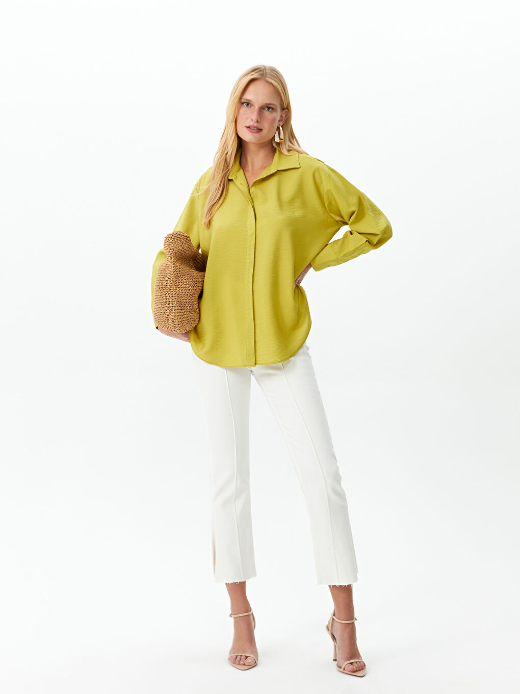 Yeşil Düz Uzun Kollu Oversize Kadın Gömlek-2