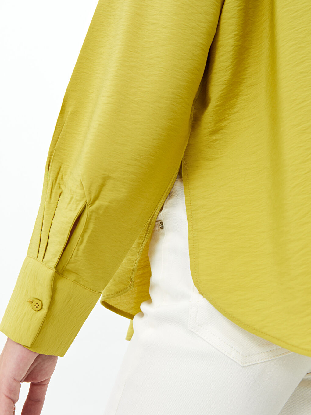 Yeşil Düz Uzun Kollu Oversize Kadın Gömlek-3