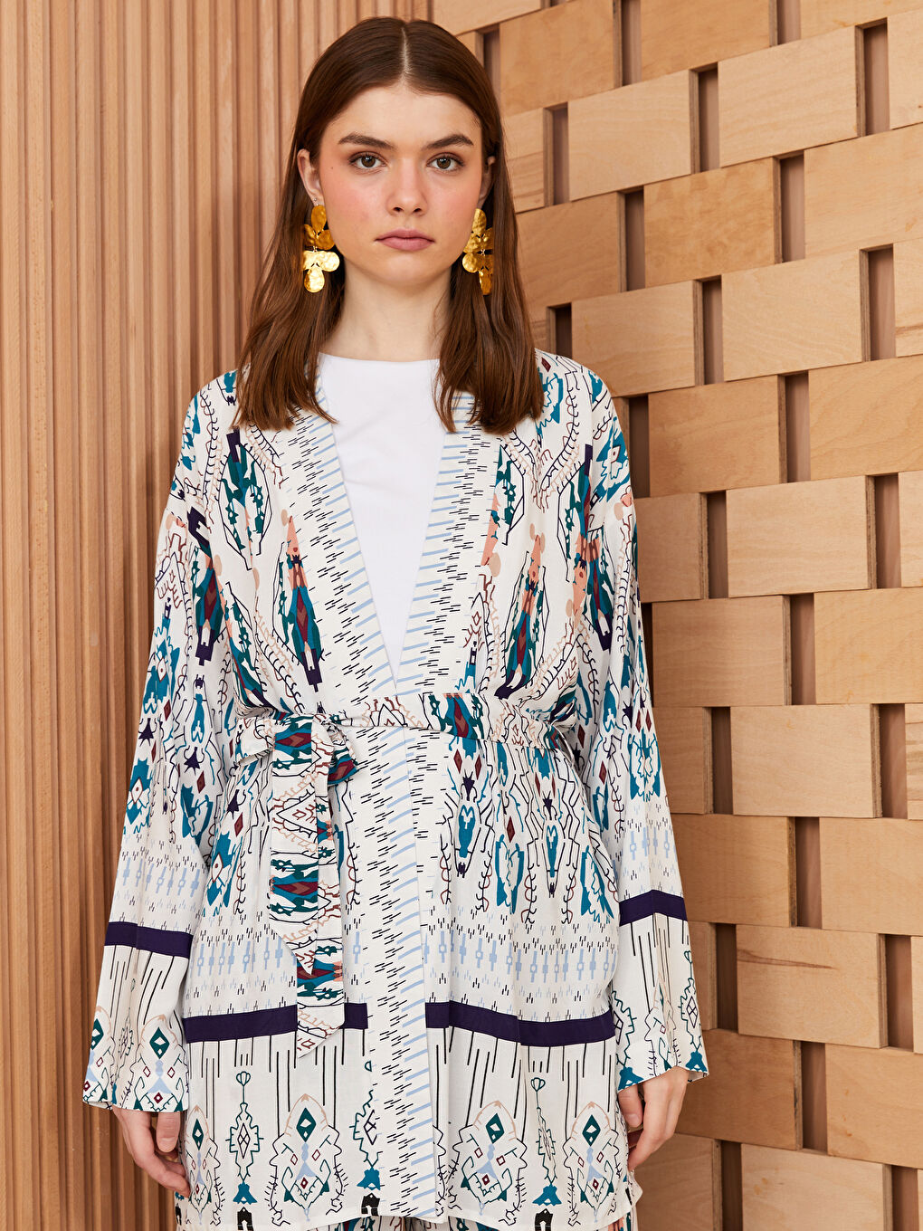 Kimono pour Femmes en Popeline à Col Châle Imprimé Manches Longues Surdimensionné-1