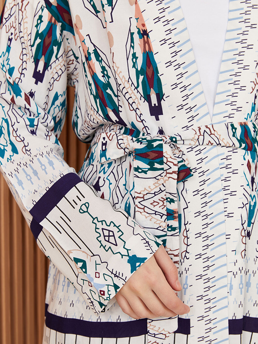 Kimono pour Femmes en Popeline à Col Châle Imprimé Manches Longues Surdimensionné-3