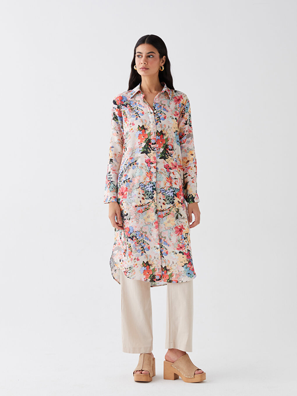 قميص تونيك كم طويل مُزهر للسيدات