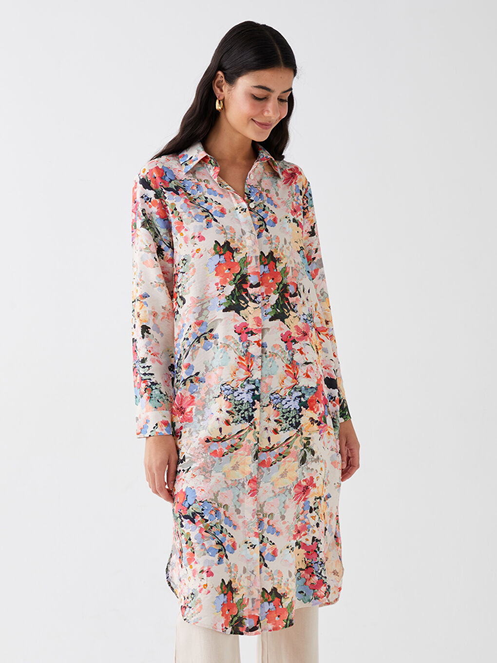 قميص تونيك كم طويل مُزهر للسيدات-1