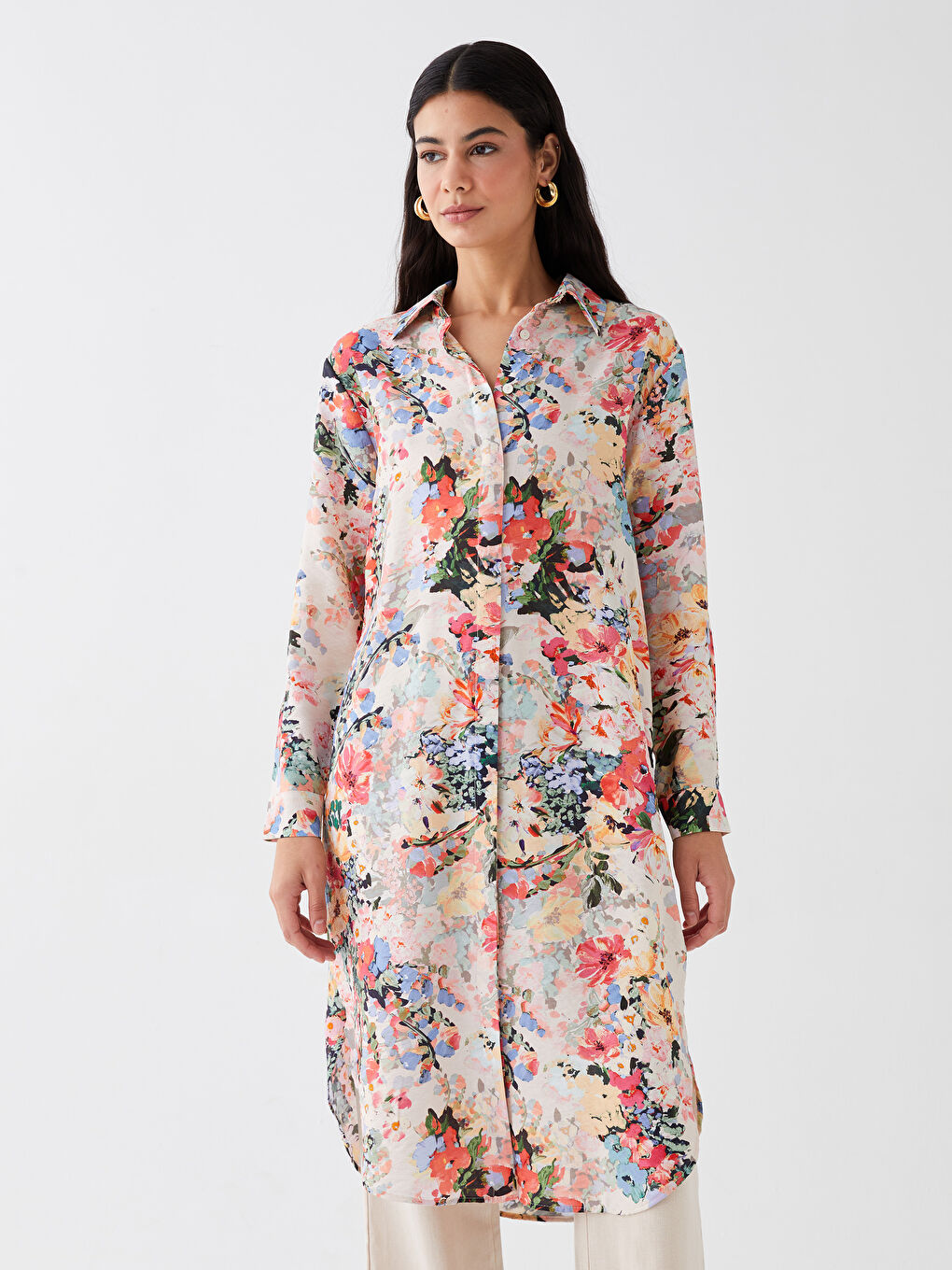 قميص تونيك كم طويل مُزهر للسيدات-2