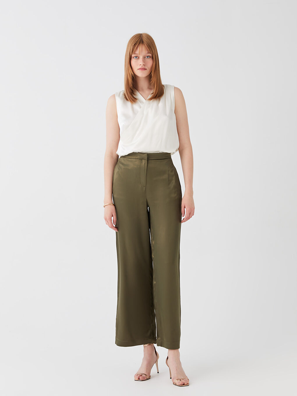 Haki Standart Fit Düz Saten Kadın Pantolon-1