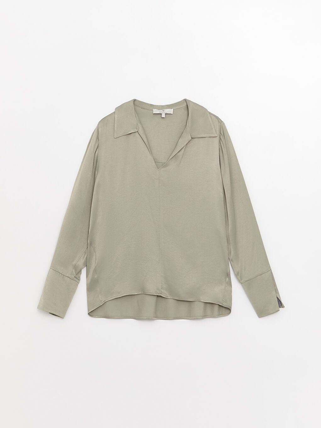 Haki Gömlek Yaka Düz Uzun Kollu Kadın Bluz-5