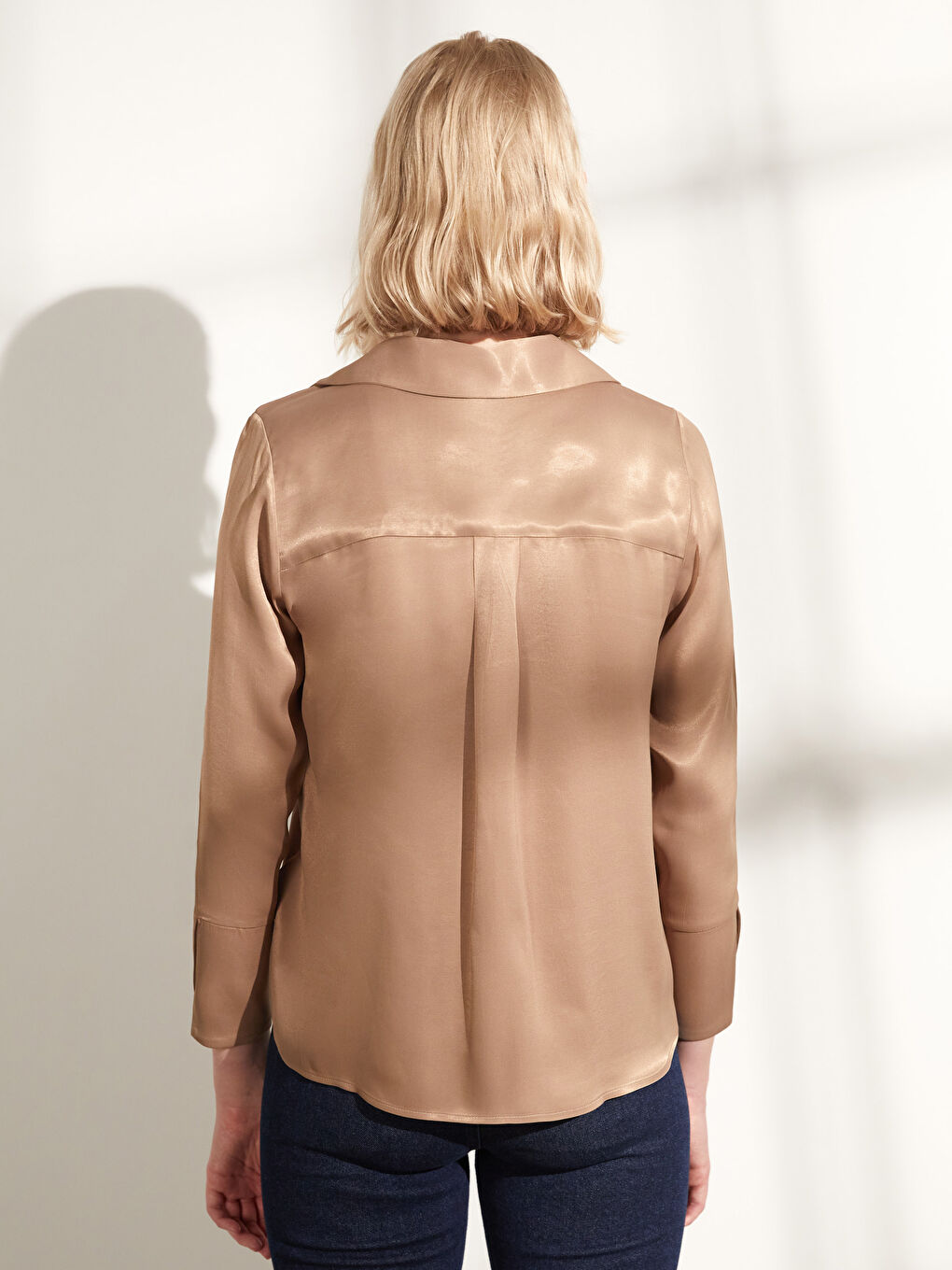 Kahverengi Gömlek Yaka Düz Uzun Kollu Kadın Bluz-4