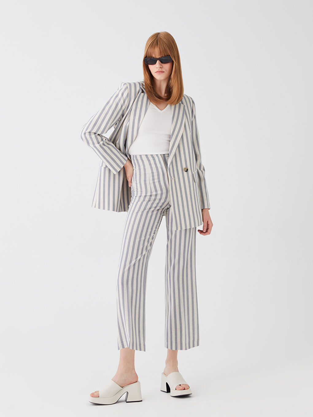 High Waist Standard Fit Striped Linen Blend Women's Pants-1