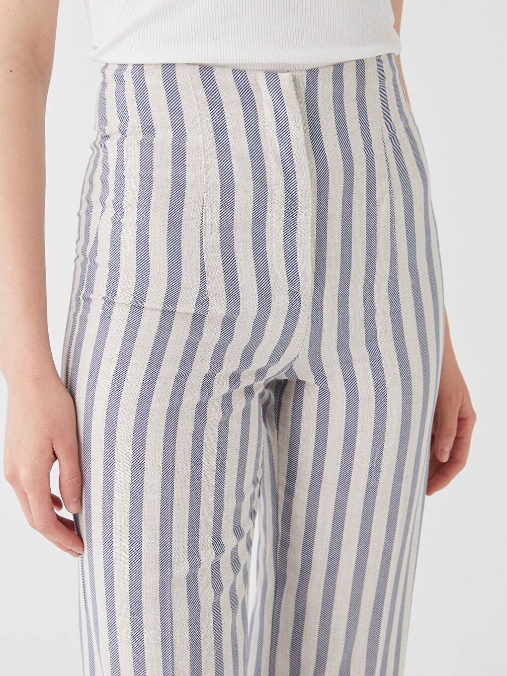 High Waist Standard Fit Striped Linen Blend Women's Pants-4