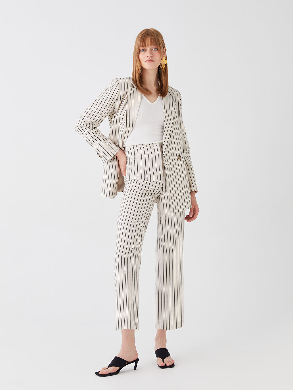 Pantaloni din Amestec de In Vărgat cu Talie Înaltă și Croială Standard pentru Femei