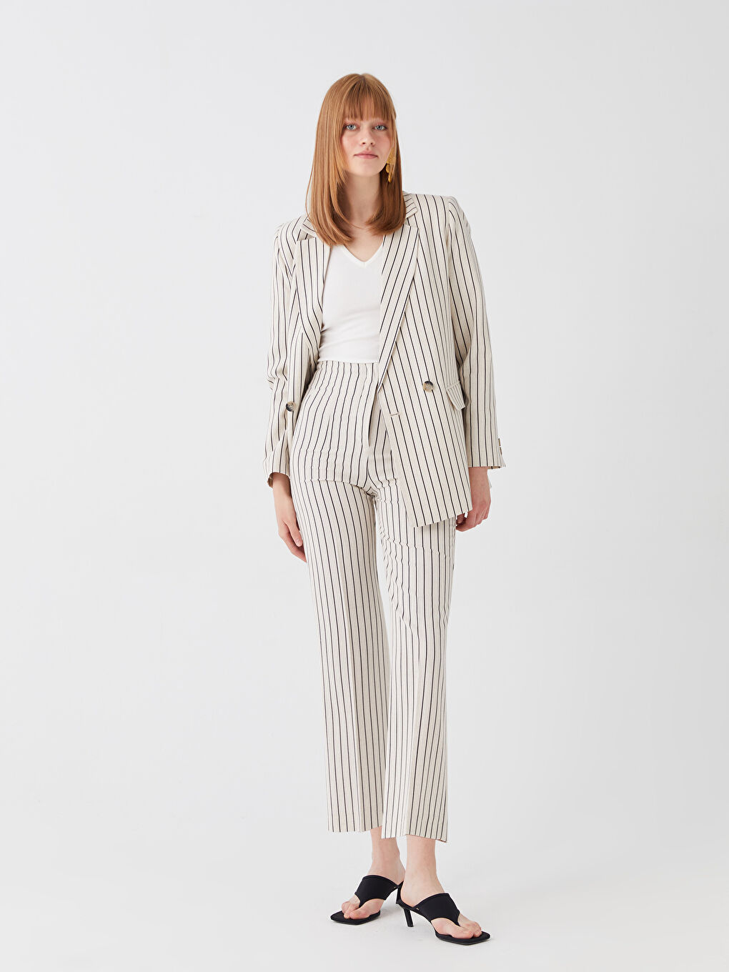 Pantaloni din Amestec de In Vărgat cu Talie Înaltă și Croială Standard pentru Femei-1