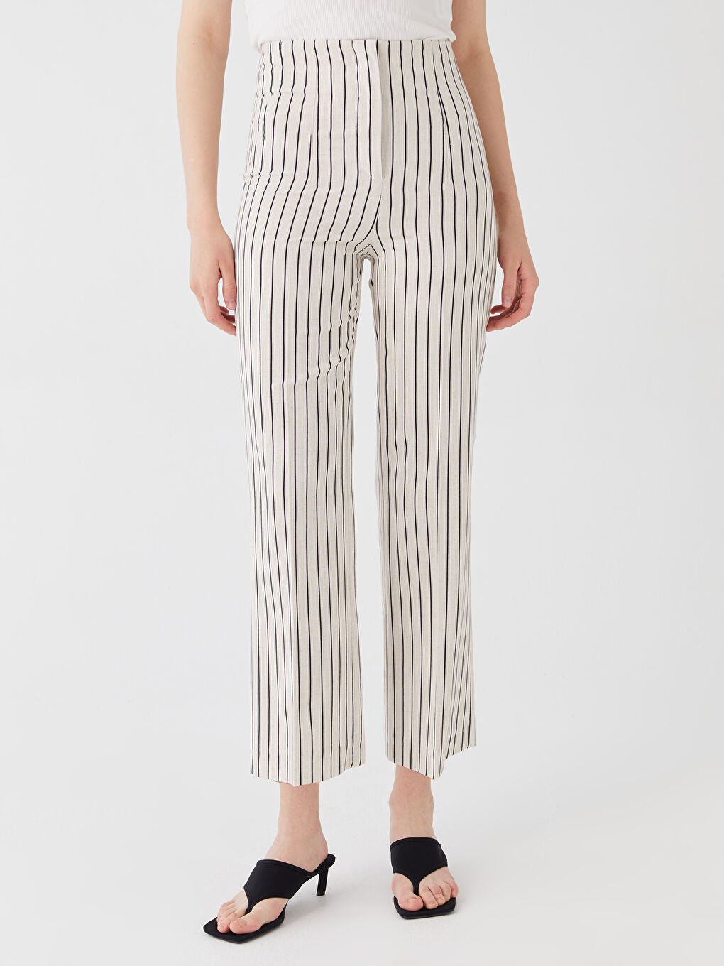 Pantaloni din Amestec de In Vărgat cu Talie Înaltă și Croială Standard pentru Femei-2