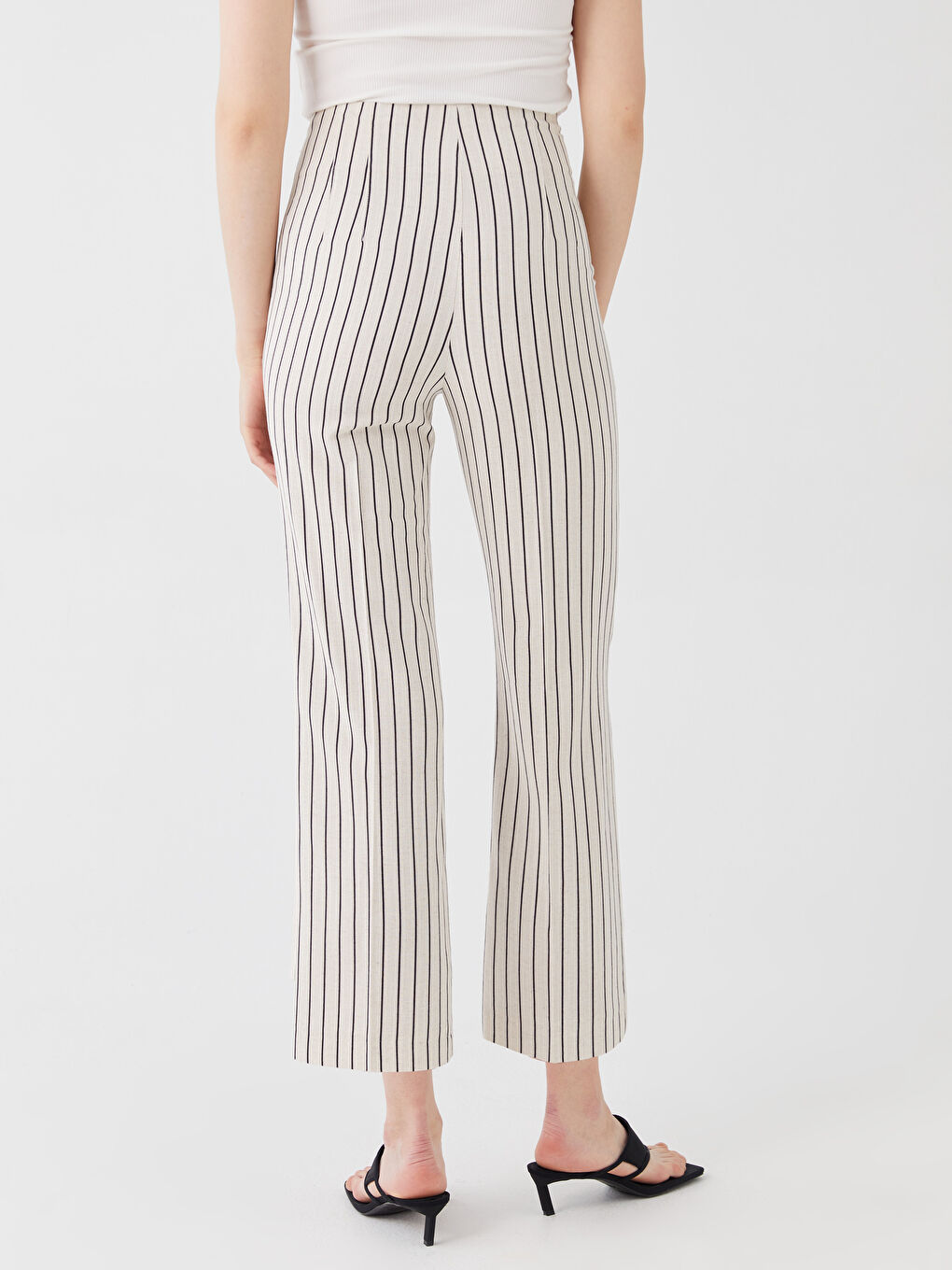 Pantaloni din Amestec de In Vărgat cu Talie Înaltă și Croială Standard pentru Femei-3