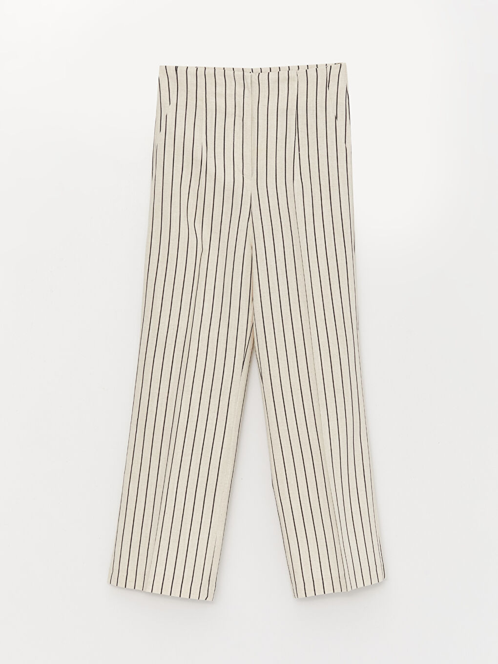 Pantaloni din Amestec de In Vărgat cu Talie Înaltă și Croială Standard pentru Femei-5