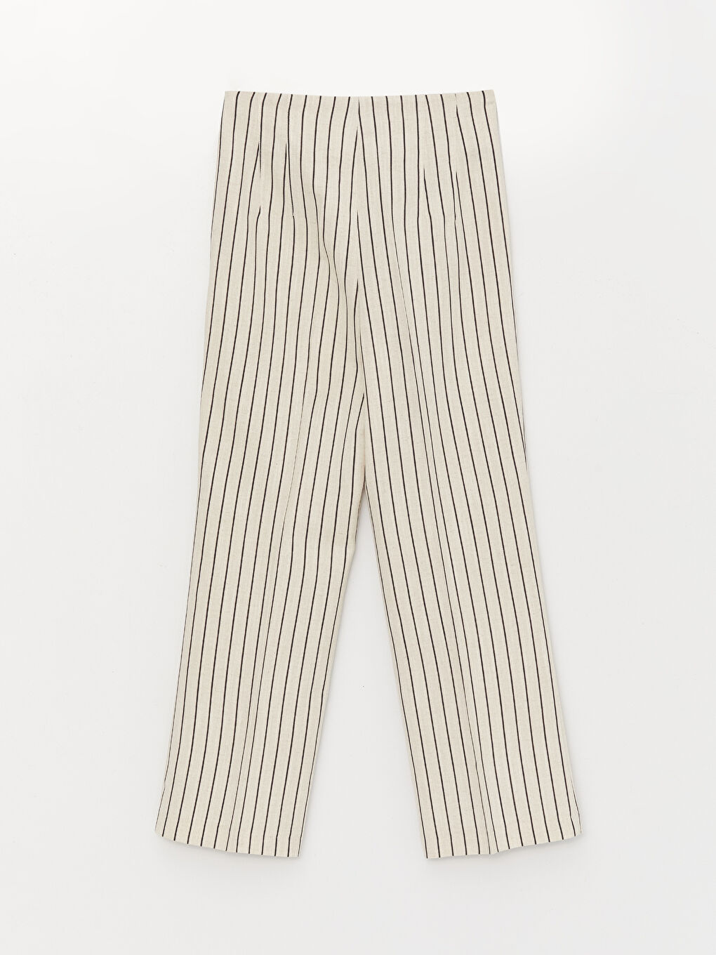 Pantaloni din Amestec de In Vărgat cu Talie Înaltă și Croială Standard pentru Femei-6