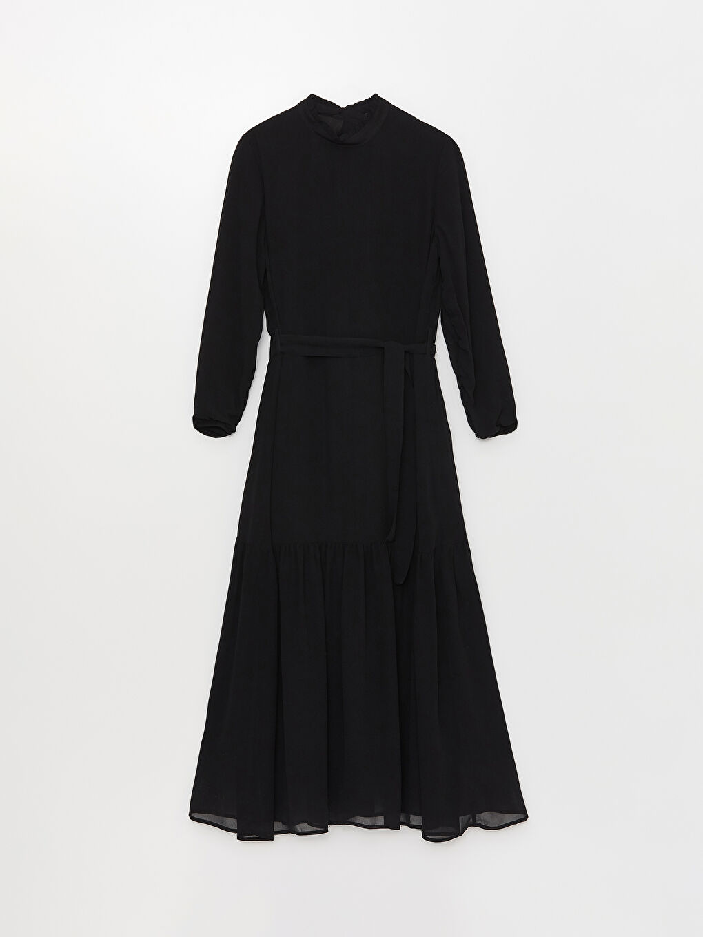 Siyah Fırfırlı Dik Yaka Düz Uzun Kollu Kadın Elbise-5