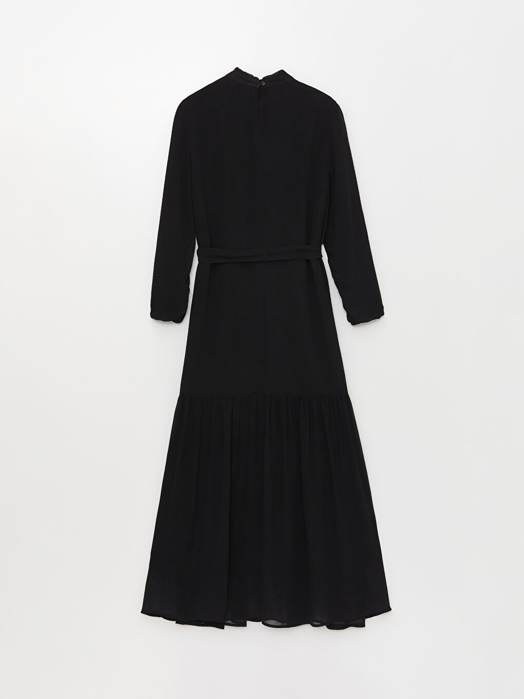 Siyah Fırfırlı Dik Yaka Düz Uzun Kollu Kadın Elbise-6