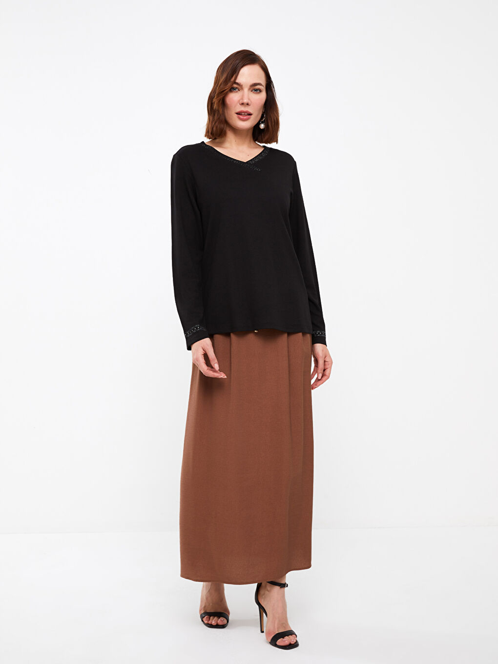 Siyah V Yaka Taşlı Uzun Kollu Kadın Bluz-2