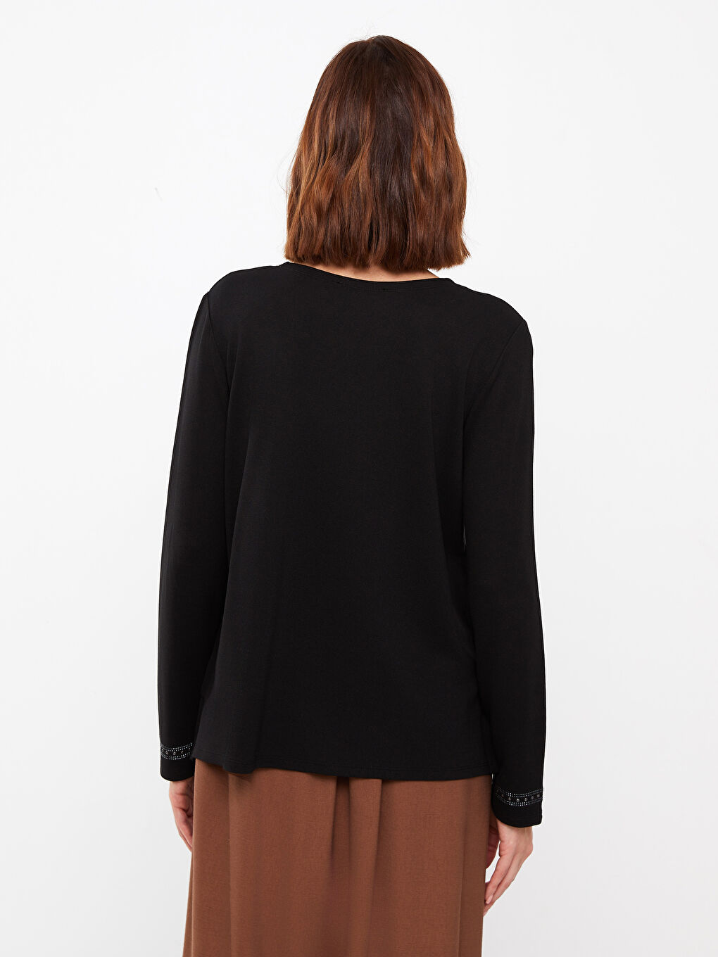 Siyah V Yaka Taşlı Uzun Kollu Kadın Bluz-4