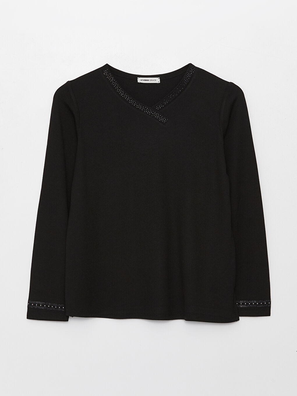 Siyah V Yaka Taşlı Uzun Kollu Kadın Bluz-5