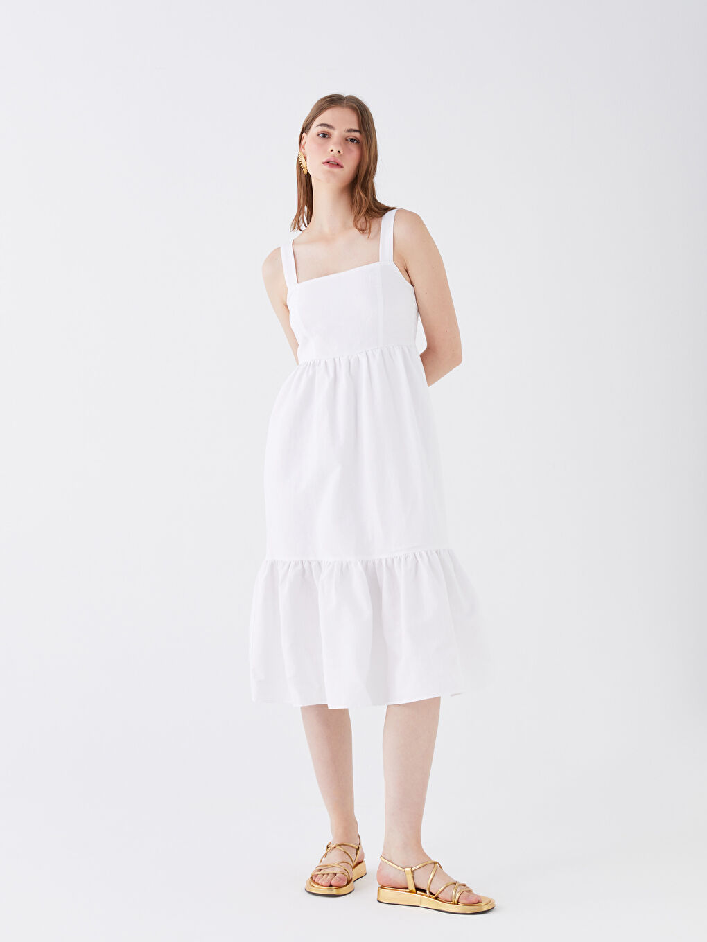 Beyaz Kare Yaka Düz Askılı Keten Karışımlı Kadın Elbise-3