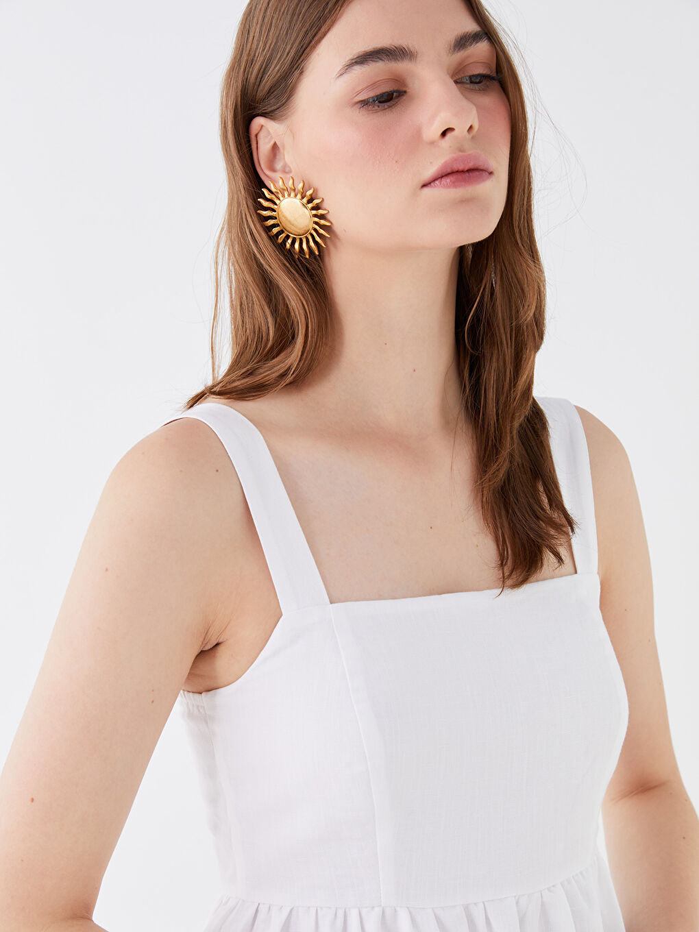 Beyaz Kare Yaka Düz Askılı Keten Karışımlı Kadın Elbise-4