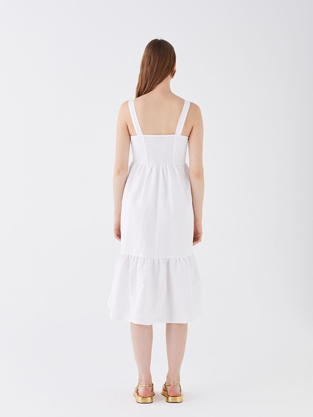 Beyaz Kare Yaka Düz Askılı Keten Karışımlı Kadın Elbise-6